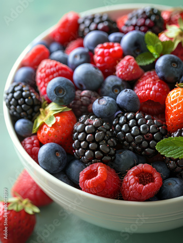 A bowl filled with assorted fresh berries on a green background.