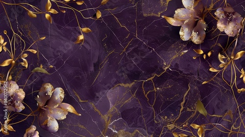 A deep purple marble background featuring a shimmering golden floral pattern, with a dedicated area for text. This backdrop is perfect for luxury eco events or upscale beauty salons.