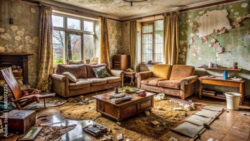 Dirty old living room with broken furniture , abandoned, neglected, run-down, shabby, grungy, cluttered, messy, outdated, dilapidated, worn-out, vintage, disheveled, dusty, decaying photo