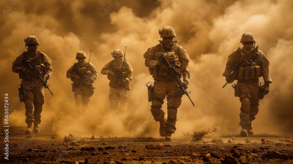 An outdoor scene showing several soldiers, fully equipped, facing the camera in dusty and smoky conditions