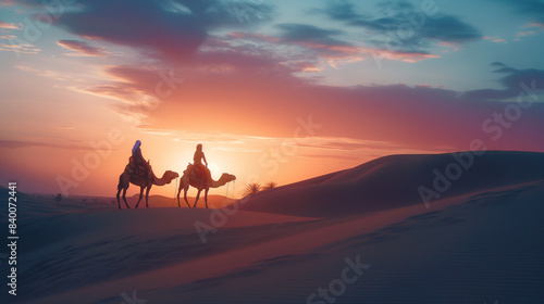 Camels with riders in desert at sunset