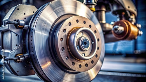 Close up of vehicle brakes with focus on brake pads and rotor, automobile, maintenance, repair, mechanic, industry, metal, car parts, automotive, technology, safety, transportation, steel