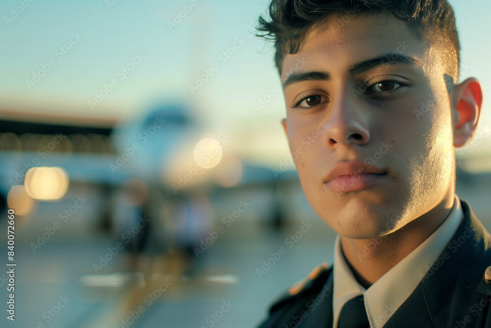 diverse young pilot man in uniform in front of plane at airport diverse young pilot man in uniform in front of plane at airport