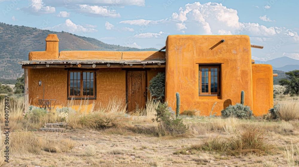 Fototapeta premium Single-story Adobe house with flat roofs and earth-toned exteriors made of sun-dried clay bricks