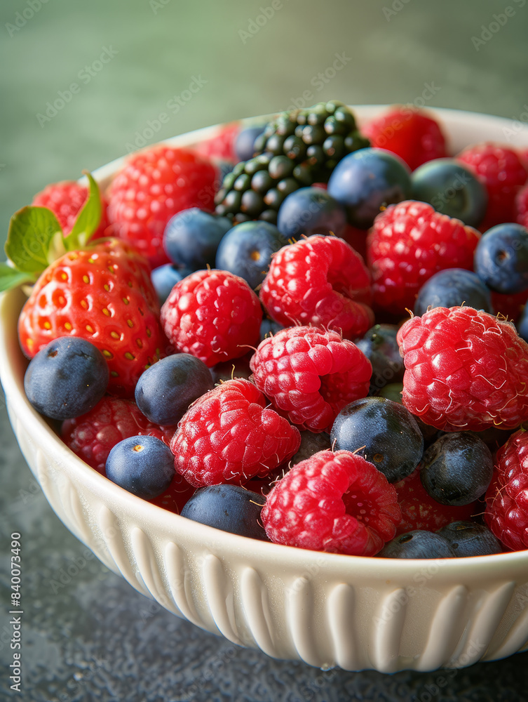 A bowl filled with assorted fresh berries on a textured surface. A bowl filled with assorted fresh berries on a textured surface.