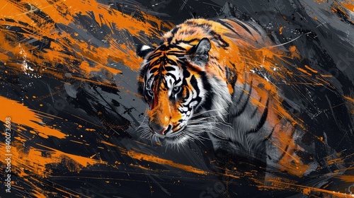 A fierce tiger abstract wallpaper  with strokes of pastel orange and black  blending into a dynamic and powerful art piece.