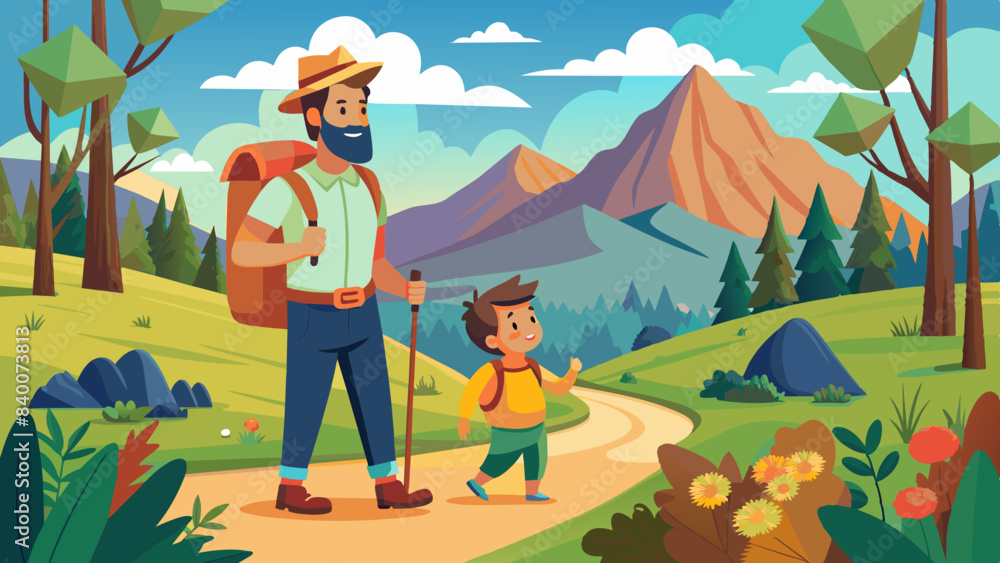 Father's Day Adventure: Hiking with Dad - Vector Illustration Father's Day Adventure: Hiking with Dad - Vector Illustration