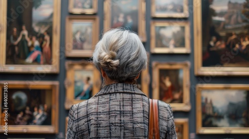 Portrait of an adult woman in an old museum art gallery looking at museum paintings photo