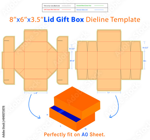 Lid Gift Box L 7x W 6x H 2.5 Inches Dieline Template photo