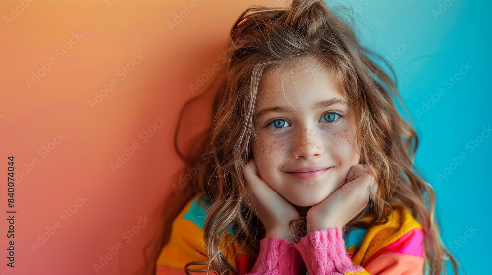 Happy 8-year-old caucasian girl kid wearing colorful clothes poses against a bright background Happy 8-year-old caucasian girl kid wearing colorful clothes poses against a bright background