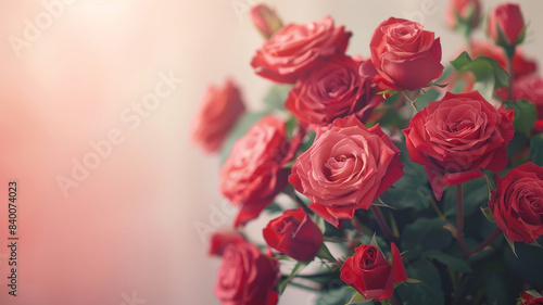 Bouquet of red and pink roses with soft focus lighting.