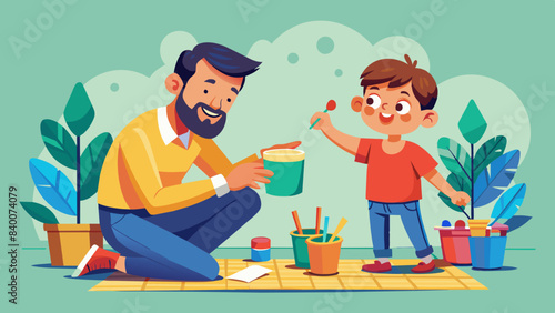 Dad and child painting together, getting messy with creativity.
