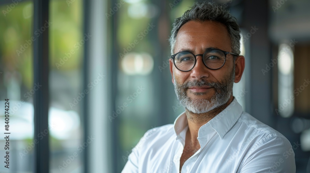 Naklejka premium A handsome 45-year-old gentle Indian man wearing glasses, a formal slick hairstyle, and a smooth face standing beside a huge window in a modern office building