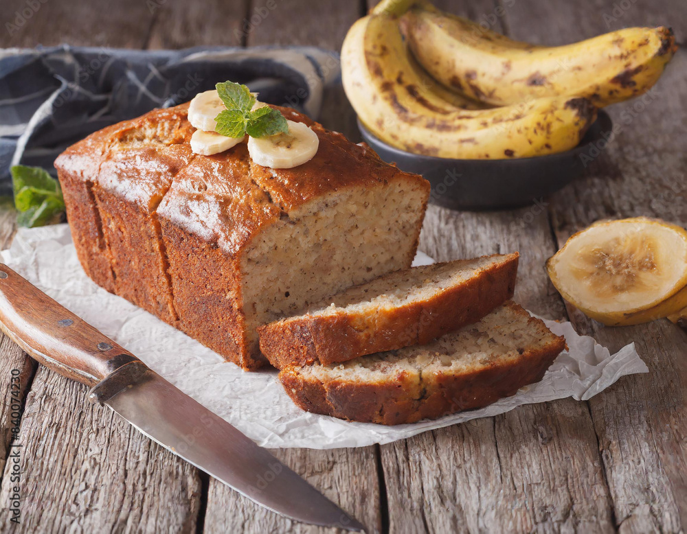 homemade banana bread sliced on a table horizontal homemade banana bread sliced on a table horizontal