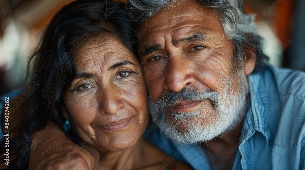 A mature Latin South American beautiful couple in love, with an older latino and younger latina closeup view showing details on each cheek A mature Latin South American beautiful couple in love, with an older latino and younger latina closeup view showing details on each cheek