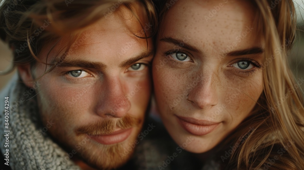 Beautiful couple in love, with young european scandinavian woman and young nordic caucasian man close up view showing details of their faces. Beautiful couple in love, with young european scandinavian woman and young nordic caucasian man close up view showing details of their faces.