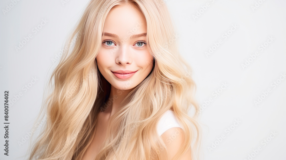 Portrait of a beautiful, sexy, smiling, happy Asian blonde woman with long hair and perfect skin, white background, banner. Portrait of a beautiful, sexy, smiling, happy Asian blonde woman with long hair and perfect skin, white background, banner.