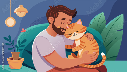 Father's Day Joy: Dad Cuddling Sleepy Cat Vector Illustration