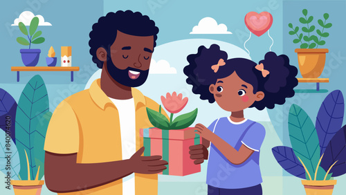 Heartwarming Moment: Black Girl Giving Gift to Father - Father's Day Vector Art