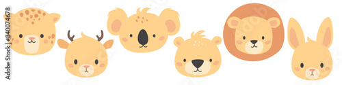 Set of vector cute animal faces. Leopard, lion, bear and deer koala hare. Illustrations in children's style on white background . Vector illustration