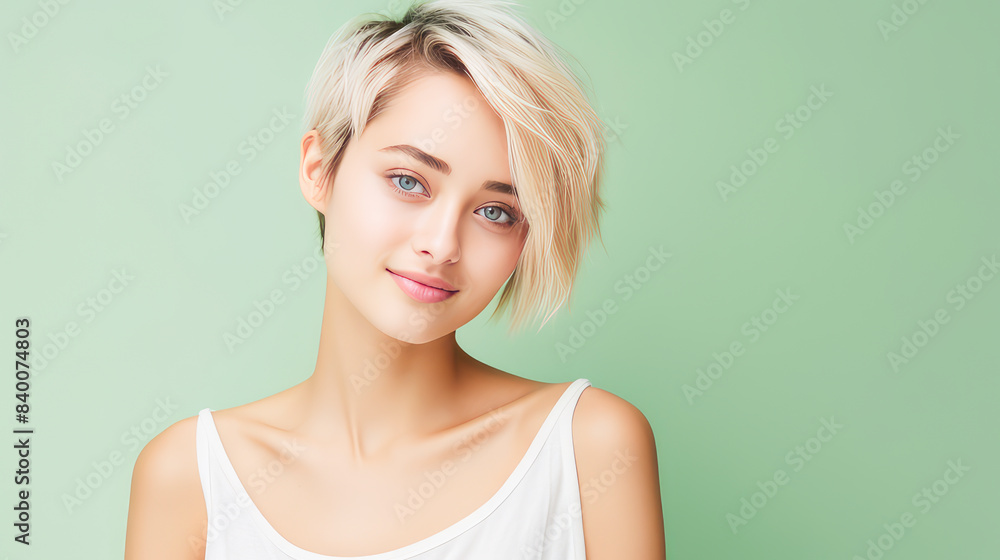 Portrait of a beautiful, sexy, smiling, happy blonde Asian woman with short hair and perfect skin, light green background, banner. Portrait of a beautiful, sexy, smiling, happy blonde Asian woman with short hair and perfect skin, light green background, banner.