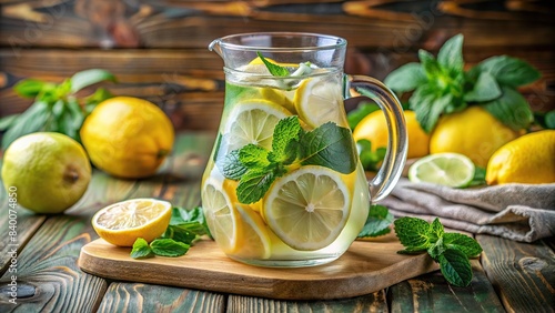 Refreshing lemon and mint water with ice cubes in a clear glass pitcher on a wooden table , citrus, drink, hydration, healthy, refreshing, summer, beverage, cold, cocktail, detox, fresh, glass