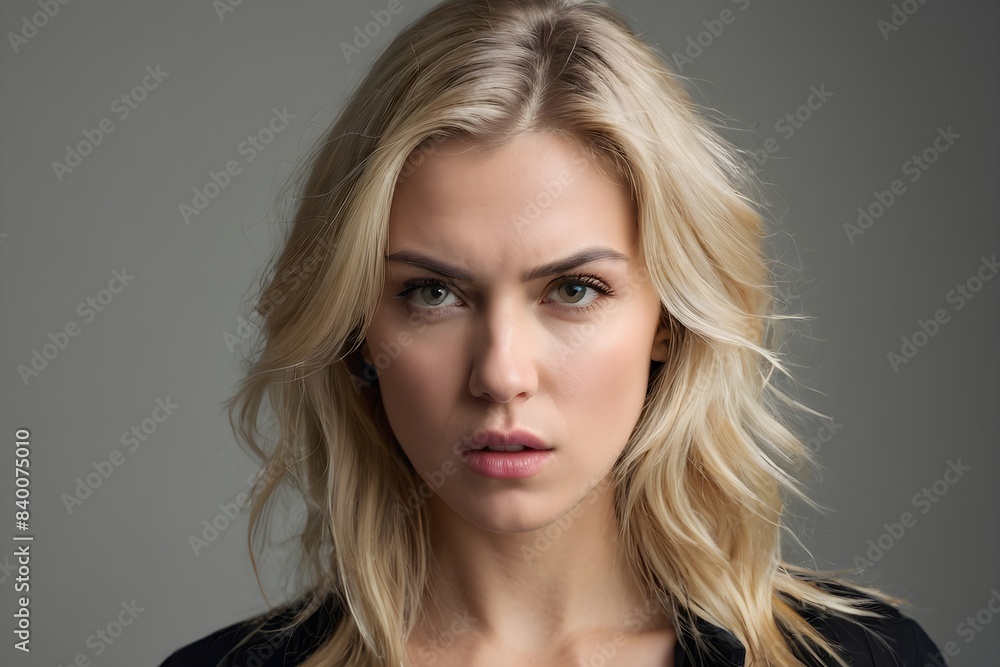 Portrait of a serious and blond woman on gray background Portrait of a serious and blond woman on gray background