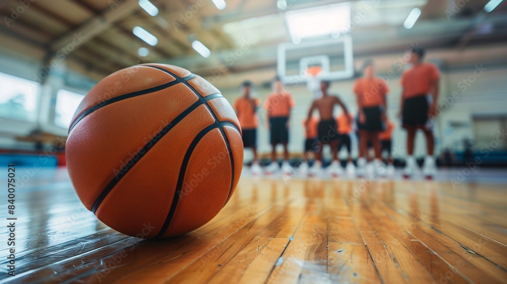 A round sphere for playing basketball on a solid surface with a young basketball squad in the background, used for teaching school children indoor sports. A round sphere for playing basketball on a solid surface with a young basketball squad in the background, used for teaching school children indoor sports.