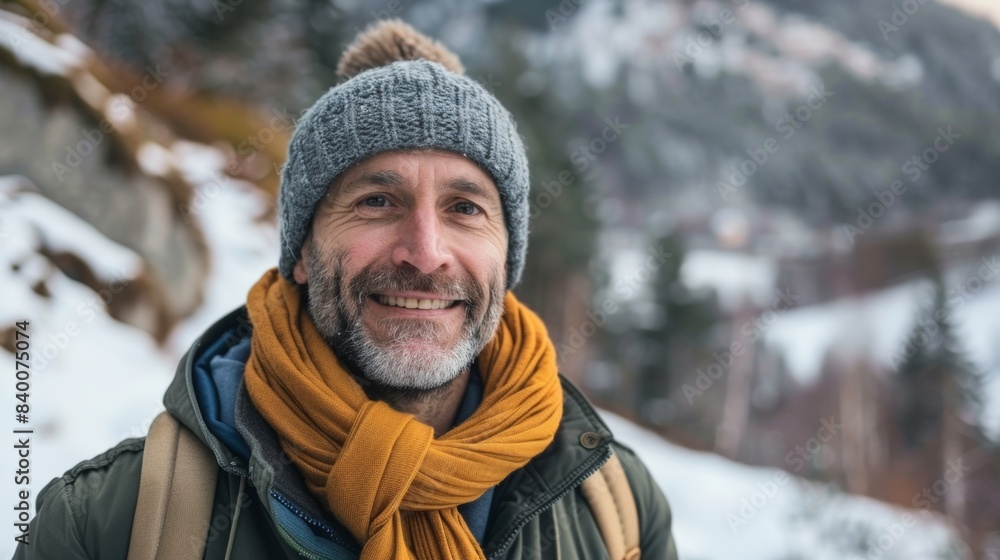 This portrait shows a mature male in a scenic mountain and forest landscape in the winter months This portrait shows a mature male in a scenic mountain and forest landscape in the winter months
