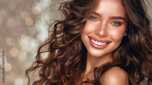 Gorgeous brunette fashion model with flowing curly locks, beaming with a wavy hairstyle and flawless makeup, exuding beauty and luxury with spa treatments and pampering.
