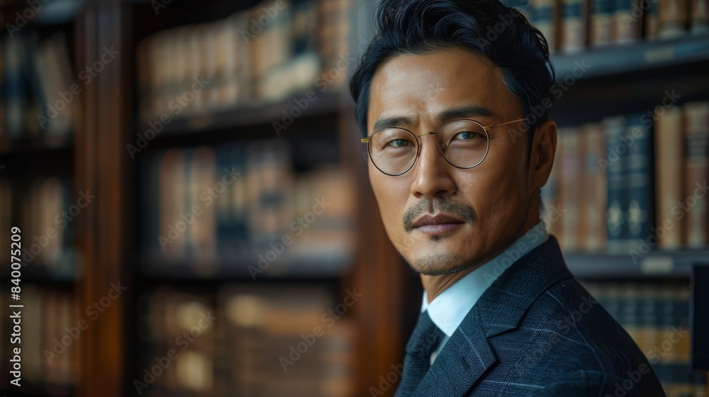 This is a portrait of a handsome Korean man in his 40s wearing glasses and a formal slick hairstyle, wearing a suit, in an ancient luxury library. This is a portrait of a handsome Korean man in his 40s wearing glasses and a formal slick hairstyle, wearing a suit, in an ancient luxury library.