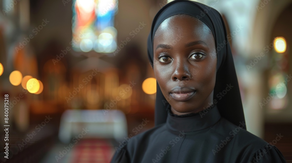In the background is a church with a black african catholic nun In the background is a church with a black african catholic nun