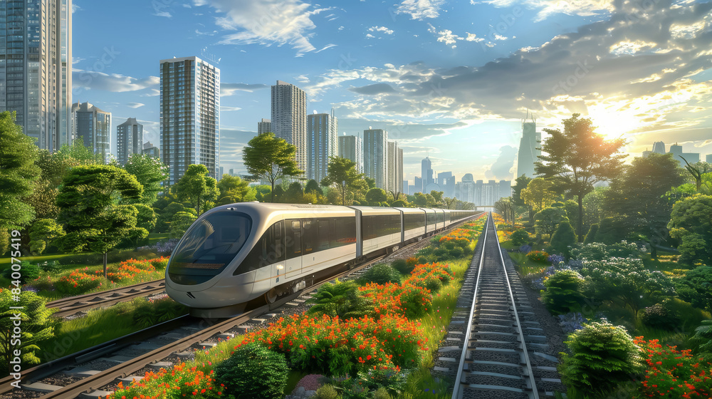 Fototapeta premium Majestic City Skyline at Sunset with Greenery