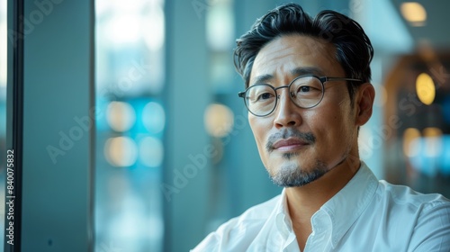 45 year old handsome Korean man with smooth beardless face and glasses in a modern office building, wearing white shirt, beside a huge window wearing glasses and formal slick hairstyle photo