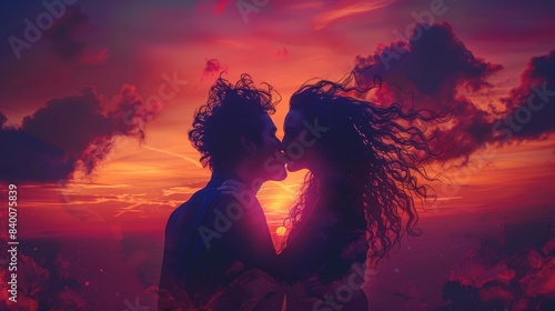 The couple kisses as the sunset flashes synthwave colors around them with their hair blowing in the breeze