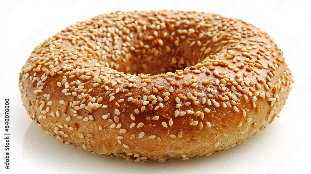A freshly made sesame bagel up close, on a blank backdrop. A freshly made sesame bagel up close, on a blank backdrop.