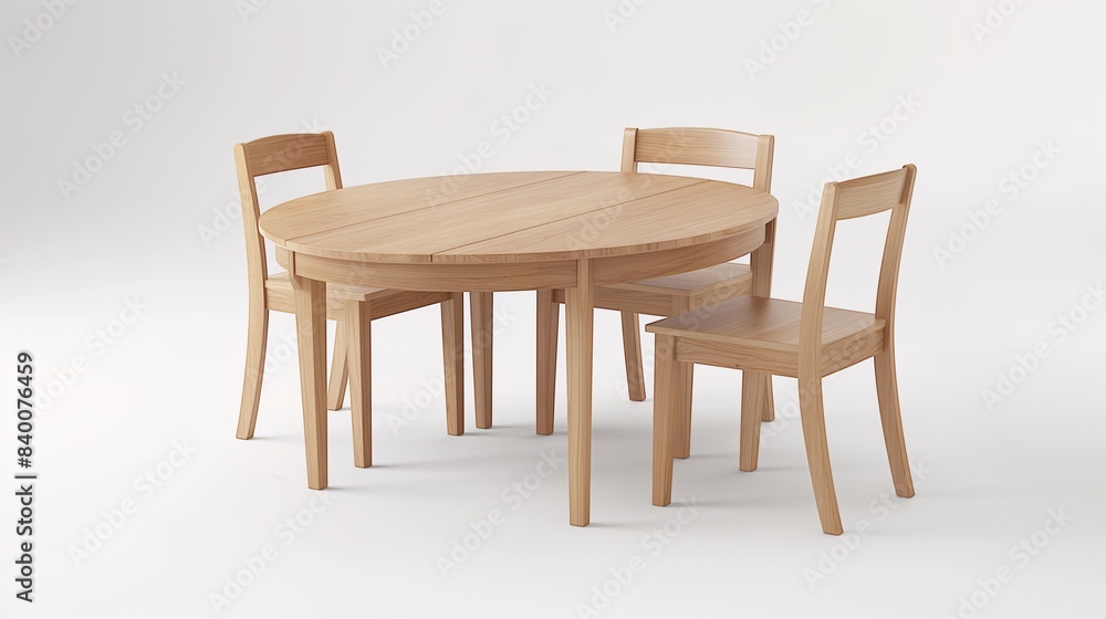 Minimalist round wooden dining table with three chairs in a light wood finish, perfect for modern interiors and dining spaces. Minimalist round wooden dining table with three chairs in a light wood finish, perfect for modern interiors and dining spaces.