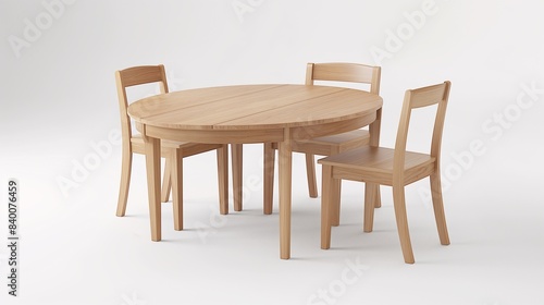 Minimalist round wooden dining table with three chairs in a light wood finish  perfect for modern interiors and dining spaces.