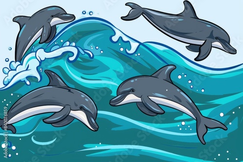 Cartoon cute doodles of a pod of dolphins frolicking in the sparkling ocean waves, Generative AI