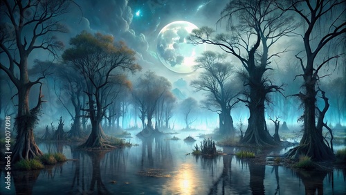 Spectral moonlit swamp with fog, dark waters, twisted trees, and full moon , eerie, moonlight, swamp, fog, dark, waters, spectral, twisted trees, shadows, glowing, full moon, mysterious © Sangpan