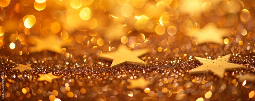 Decorative golden glitter with stars on a vertical background for Christmas Decorative golden glitter with stars on a vertical background for Christmas