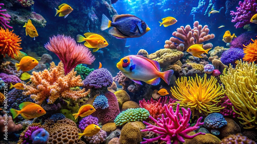 Vibrant sea fish swimming among colorful corals and algae in an ...