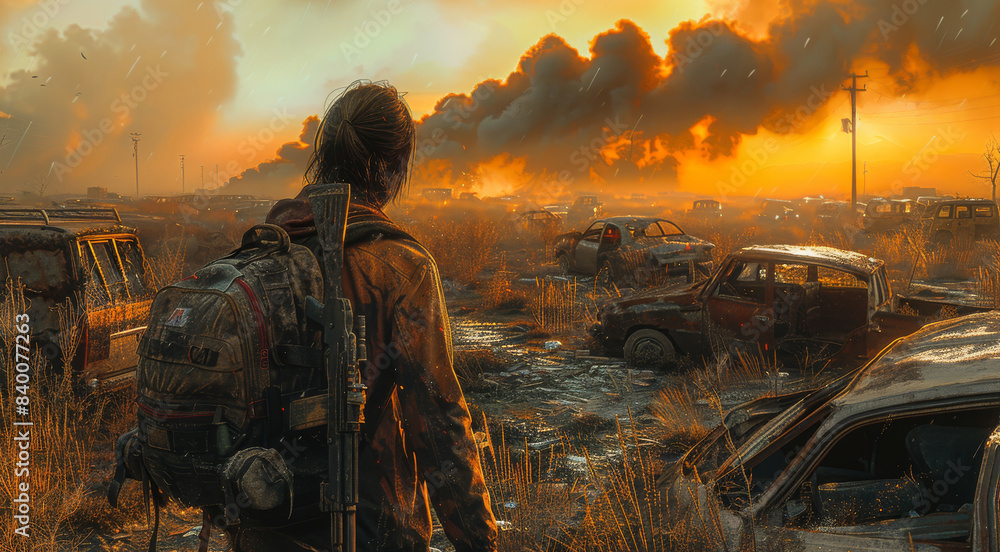 A survivor with a backpack and a weapon slung over their shoulder walks through a field of rusted vehicles, the horizon filled with smoke and fire. Generative AI. A survivor with a backpack and a weapon slung over their shoulder walks through a field of rusted vehicles, the horizon filled with smoke and fire. Generative AI.