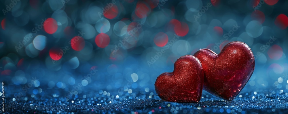 A Valentine's Day card with two shiny hearts on a silver background A Valentine's Day card with two shiny hearts on a silver background