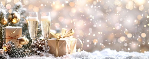Champagne and Christmas decorations for the New Year's celebration