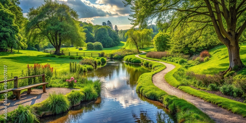 Tranquil countryside scene with a winding path, lush greenery, and a gentle stream, nature, serene, countryside, HDR painting, tranquil, couple, strolling, path, sharpness, greenery, trees