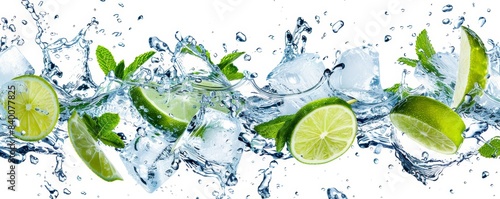 With mint leaves, ice cubes, and lime slices, this water splashes