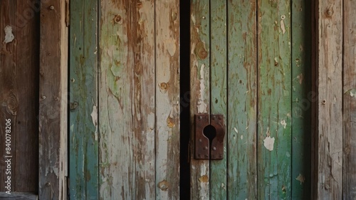 Aesthetic background of worn wooden door with peeling paint © Zeeedoctmazz