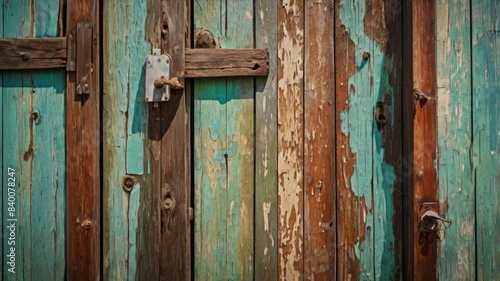 Aesthetic background of worn wooden door with peeling paint