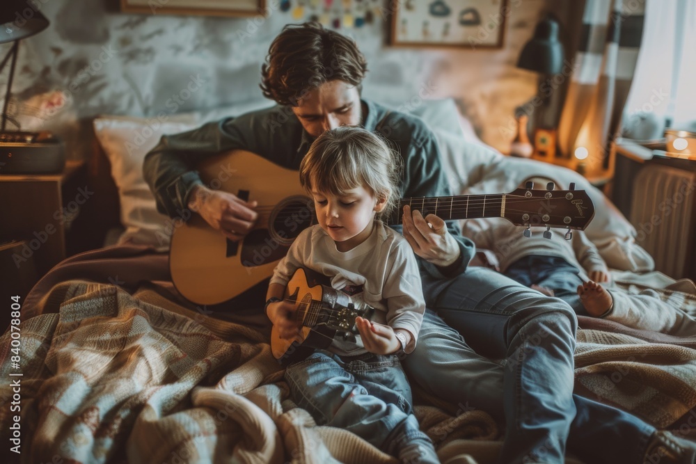 A happy father with a guitar sits in his bedroom with his daughter A happy father with a guitar sits in his bedroom with his daughter